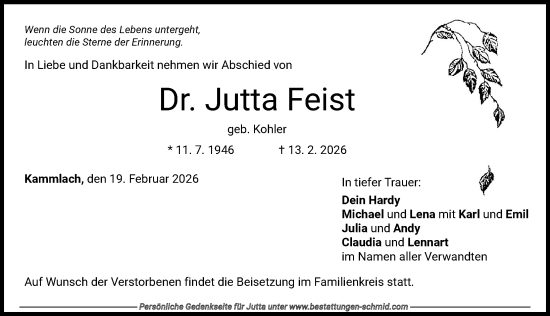 Traueranzeige von Jutta Feist von Mindelheimer Zeitung