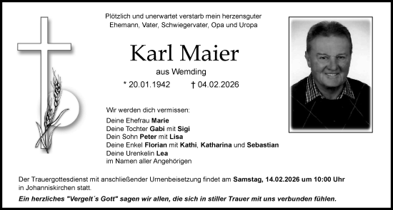 Traueranzeige von Karl Maier von Donauwörther Zeitung