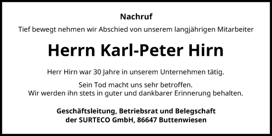 Traueranzeige von Karl-Peter Hirn von Wertinger Zeitung