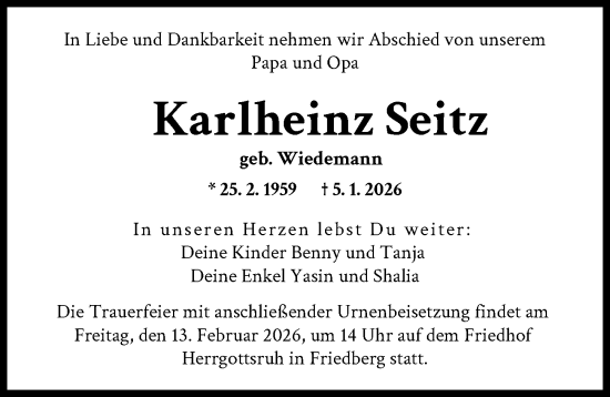 Traueranzeige von Karlheinz Seitz von Augsburger Allgemeine