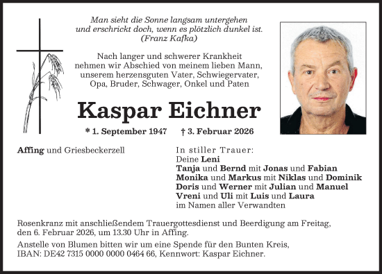 Traueranzeige von Kaspar Eichner von Aichacher Nachrichten