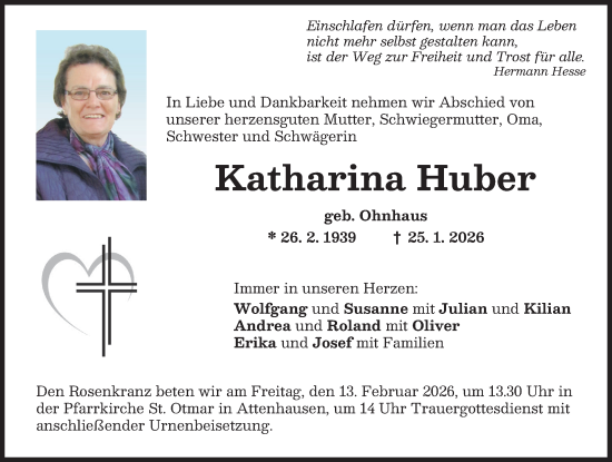 Traueranzeige von Katharina Huber von Mittelschwäbische Nachrichten