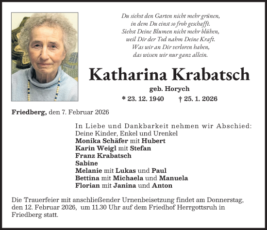 Traueranzeige von Katharina Krabatsch von Friedberger Allgemeine
