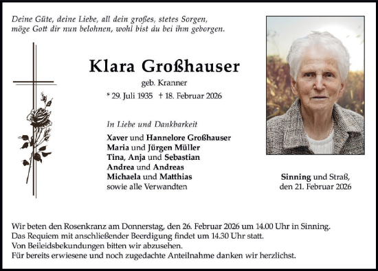 Traueranzeige von Klara Groffhauser von Neuburger Rundschau