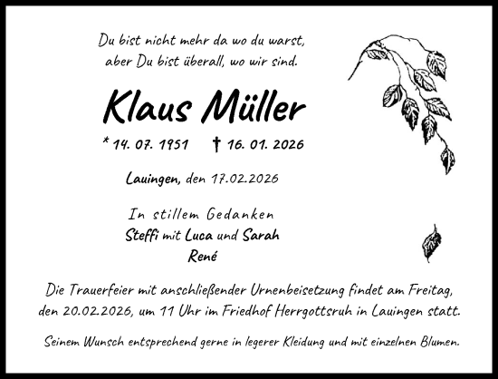Traueranzeige von Klaus Müller von Donau Zeitung