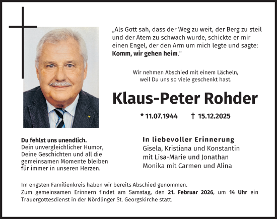 Traueranzeige von Klaus-Peter Rohder von Rieser Nachrichten