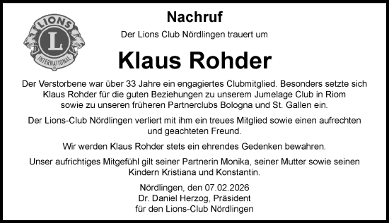 Traueranzeige von Klaus Rohder von Rieser Nachrichten