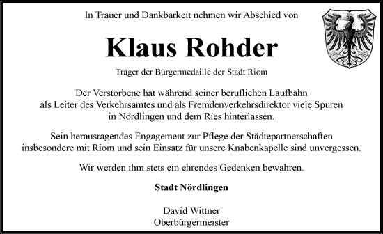 Traueranzeige von Klaus Rohder von Rieser Nachrichten