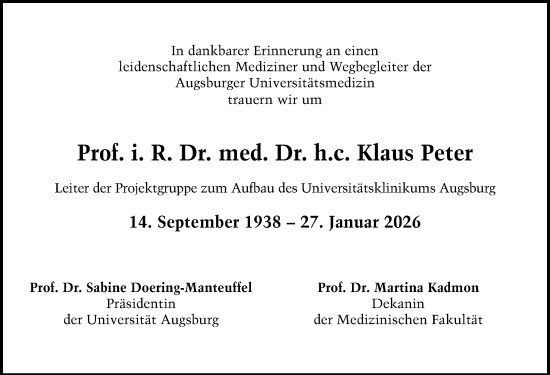 Traueranzeige von Klaus Peter Leiter von Augsburger Allgemeine