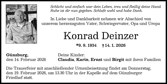 Traueranzeige von Konrad Deinzer von Günzburger Zeitung