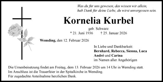 Traueranzeige von Kornelia Kurbel von Rieser Nachrichten