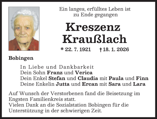 Traueranzeige von Kreszenz Kraußlach von Schwabmünchner Allgemeine