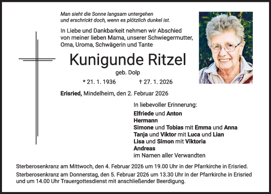 Traueranzeige von Kunigunde Ritzel von Mindelheimer Zeitung