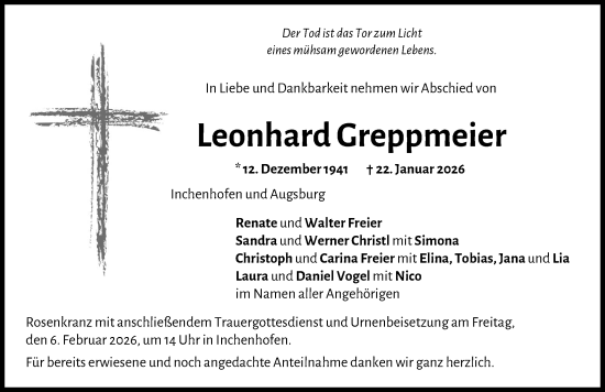 Traueranzeige von Leonhard Greppmeier von Aichacher Nachrichten