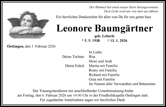 Traueranzeige von Leonore Baumgärtner von Rieser Nachrichten