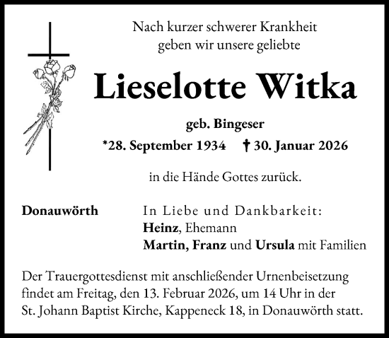 Traueranzeige von Lieselotte Witka von Donauwörther Zeitung