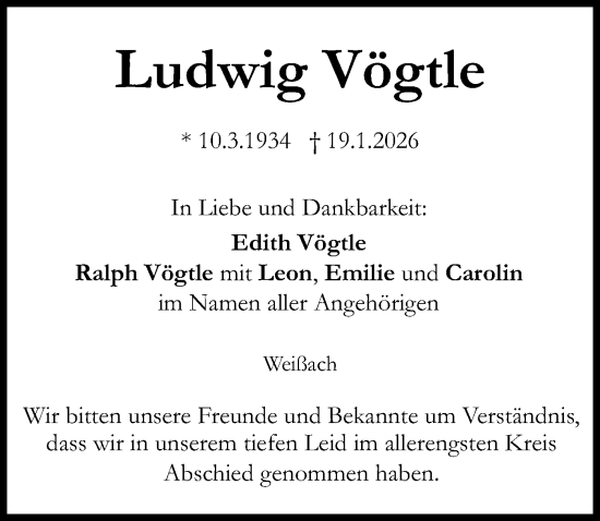 Traueranzeige von Ludwig Vögtle von Augsburger Allgemeine