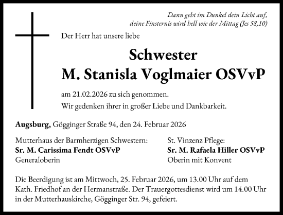 Traueranzeige von M. Stanisla Voglmaier von Augsburger Allgemeine