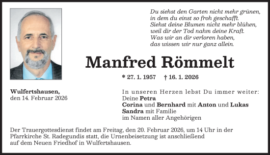 Traueranzeige von Manfred Römmelt von Friedberger Allgemeine