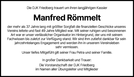 Traueranzeige von Manfred Römmelt von Friedberger Allgemeine