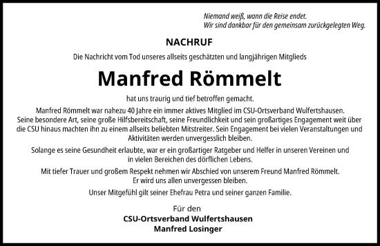Traueranzeige von Manfred Römmelt von Friedberger Allgemeine