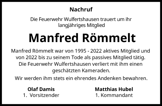 Traueranzeige von Manfred Römmelt von Friedberger Allgemeine