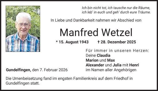 Traueranzeige von Manfred Wetzel von Donau Zeitung