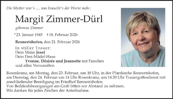 Traueranzeige von Margit Zimmer-Dürrl von Neuburger Rundschau