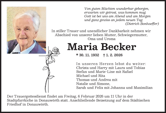 Traueranzeige von Maria Becker von Donauwörther Zeitung