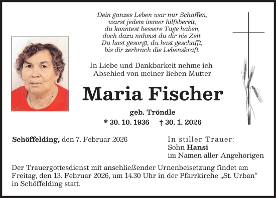 Traueranzeige von Maria Fischer von Landsberger Tagblatt