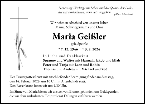 Traueranzeige von Maria Geißler von Donau Zeitung