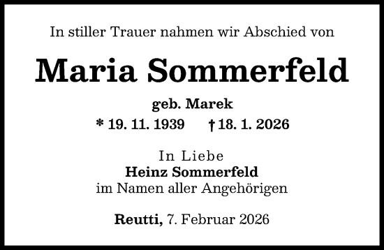 Traueranzeige von Maria Sommerfeld von Neu-Ulmer Zeitung