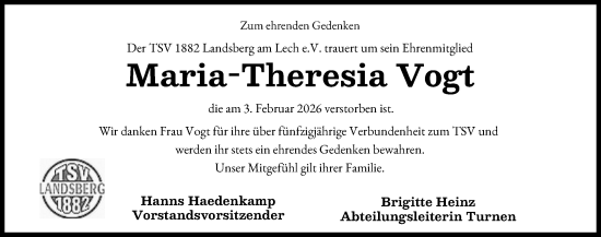 Traueranzeige von Maria-Theresia Vogt von Landsberger Tagblatt