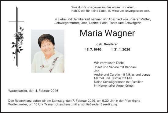 Traueranzeige von Maria Wagner von Mittelschwäbische Nachrichten, Günzburger Zeitung