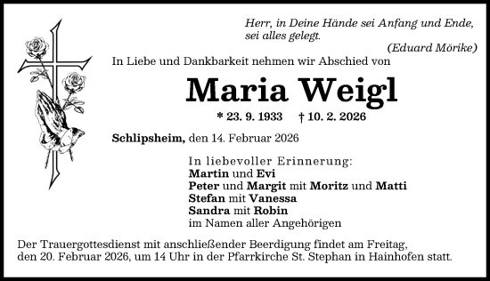 Traueranzeige von Maria Weigl von Augsburg-Land