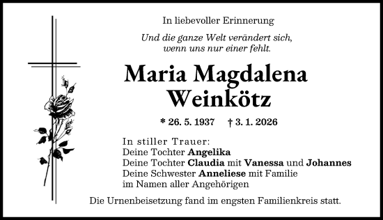 Traueranzeige von Maria Magdalena Weinkötz von Friedberger Allgemeine