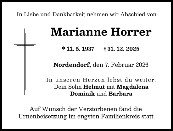 Traueranzeige von Marianne Horrer von Augsburg-Land