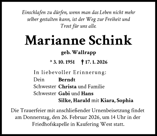 Traueranzeige von Marianne Schink von Landsberger Tagblatt