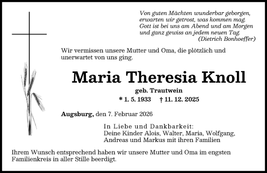 Traueranzeige von Maria Theresia Knoll von Augsburger Allgemeine