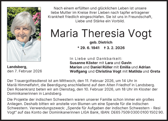 Traueranzeige von Maria Theresia Vogt von Landsberger Tagblatt