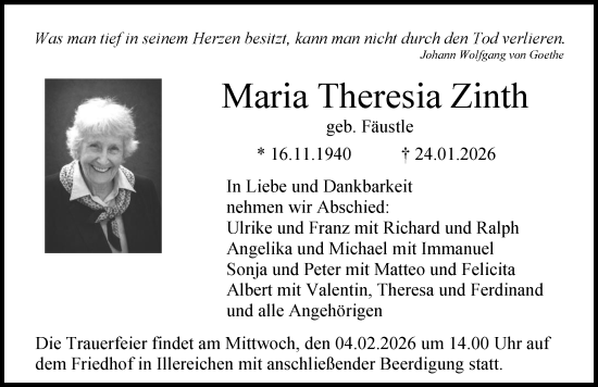 Traueranzeige von Maria Theresia Zinth von Illertisser Zeitung