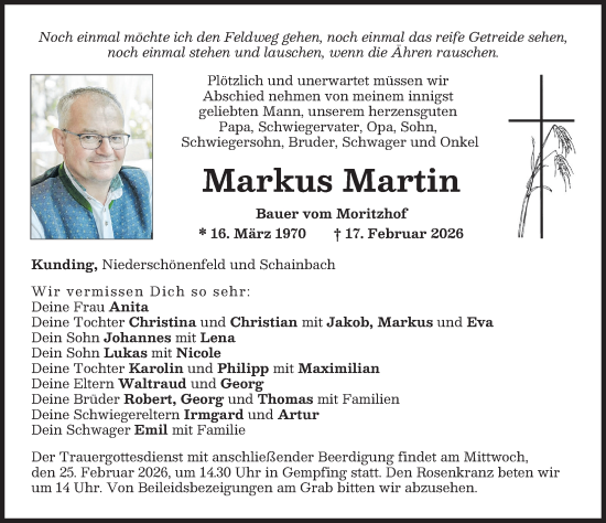 Traueranzeige von Markus Martin Bauer von Neuburger Rundschau, Donauwörther Zeitung