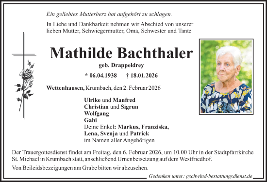 Traueranzeige von Mathilde Bachthaler von Mittelschwäbische Nachrichten