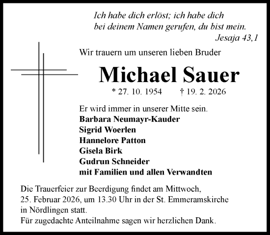 Traueranzeige von Michael Sauer von Rieser Nachrichten