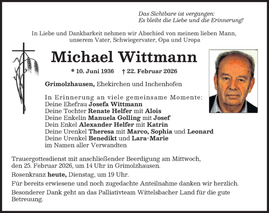 Traueranzeige von Michael Wittmann von Neuburger Rundschau