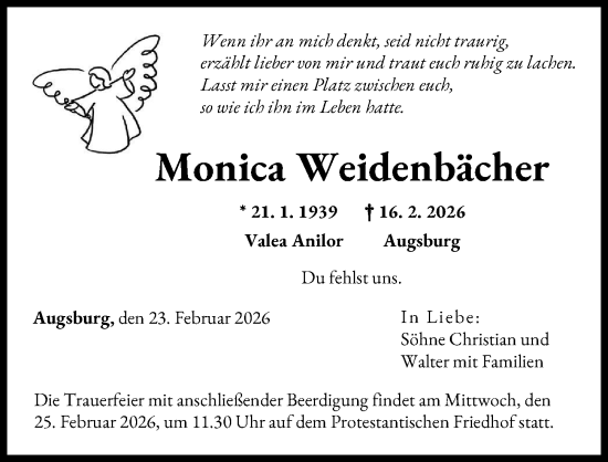Traueranzeige von Monica Weidenbächer von Augsburger Allgemeine