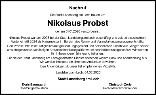 Traueranzeige von Nikolaus Probst von Landsberger Tagblatt