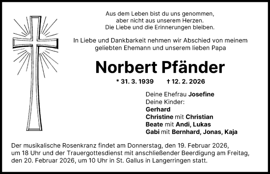 Traueranzeige von Norbert Pfänder von Schwabmünchner Allgemeine