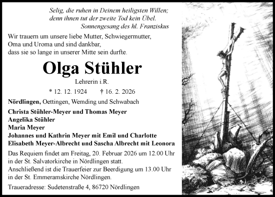 Traueranzeige von Olga Stühler von Rieser Nachrichten
