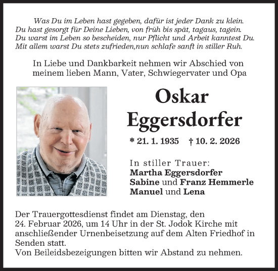 Traueranzeige von Oskar Eggersdorfer von Neu-Ulmer Zeitung